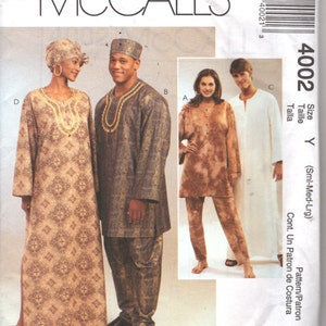 McCalls 4002 uniseks kaftan tuniek broek headwrap hoed patroon heren dames naaipatroon maat Sml of xl xxl ONBESNEDEN