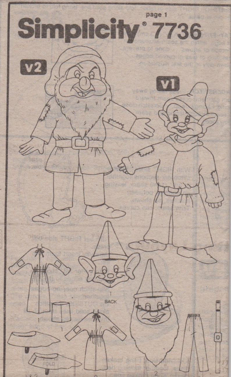 Simplicity 7736 Boys Girls Childrens Disney Dwarf Costume Pattern DOPEY GRUMPY Childs Sewing Pattern Size 10 12 Or 6 8 Or 2 4 UNCUT image 3
