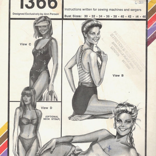 1980s Stretch & Sew 1366 Hip Ruffle Racing Back Maillots SWIMSUIT and BIKINI Pattern  Womens Vintage Sewing Pattern Bust 30 - 46