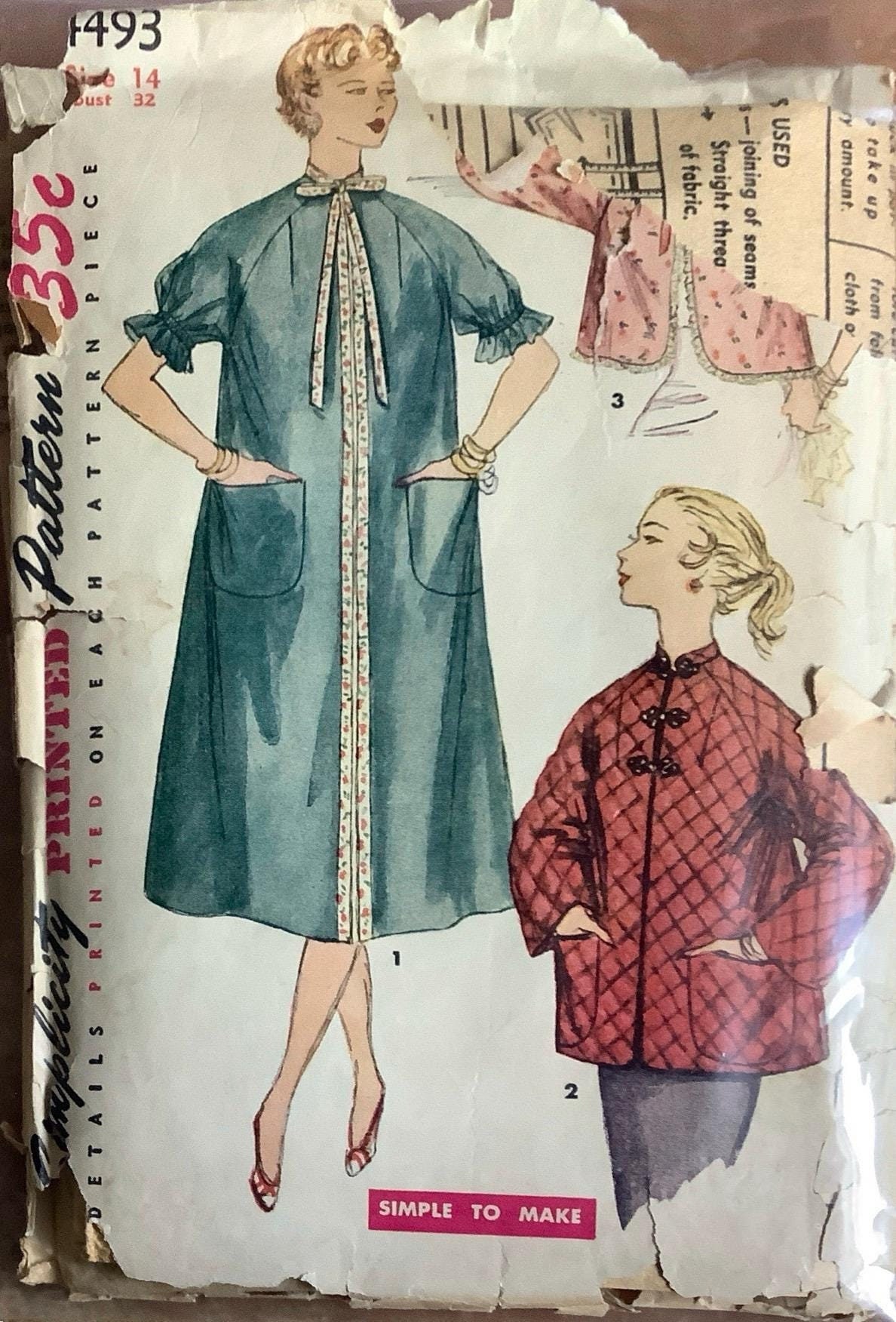 Simplicity 4493 1950s Misses Housecoat and Bed Jacket Pattern Womens Vintage Sewing Pattern Size 14 Bust 32