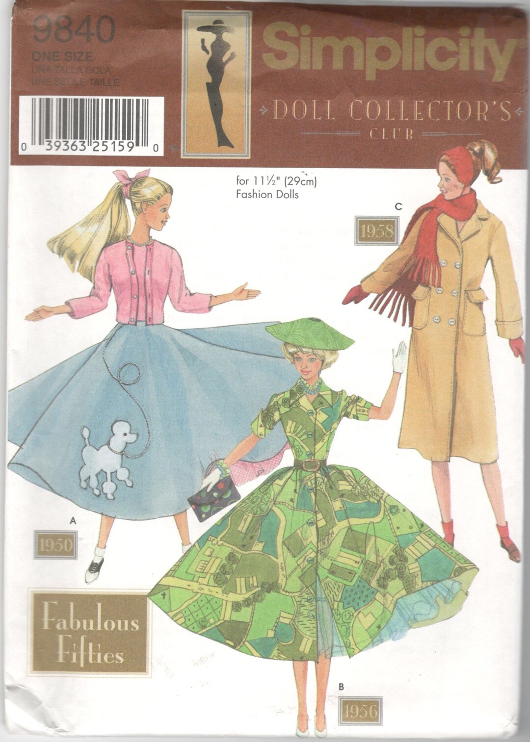 Simplicity 9840 Fabulous Fifties Fashion Doll Clothes Pattern 11 1/2 ...