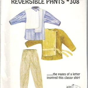 May include: Illustration of a sewing pattern for a shirt and reversible pants. The shirt is blue and white, and the pants are a light beige color. Text on the pattern reads "1st CLASS SHIRT WITH REVERSIBLE PANTS #308".