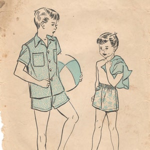 May include: A vintage sewing pattern for boys' shorts and a shirt. The pattern is for size 4, with a chest measurement of 23 inches. The pattern is from Advance, pattern number 5064.