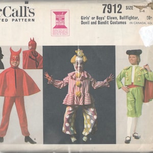 May include: A vintage sewing pattern for children's costumes. The pattern includes instructions for making a clown, bullfighter, devil, and bandit costume. The pattern is for sizes 2-4 and is from McCall's.