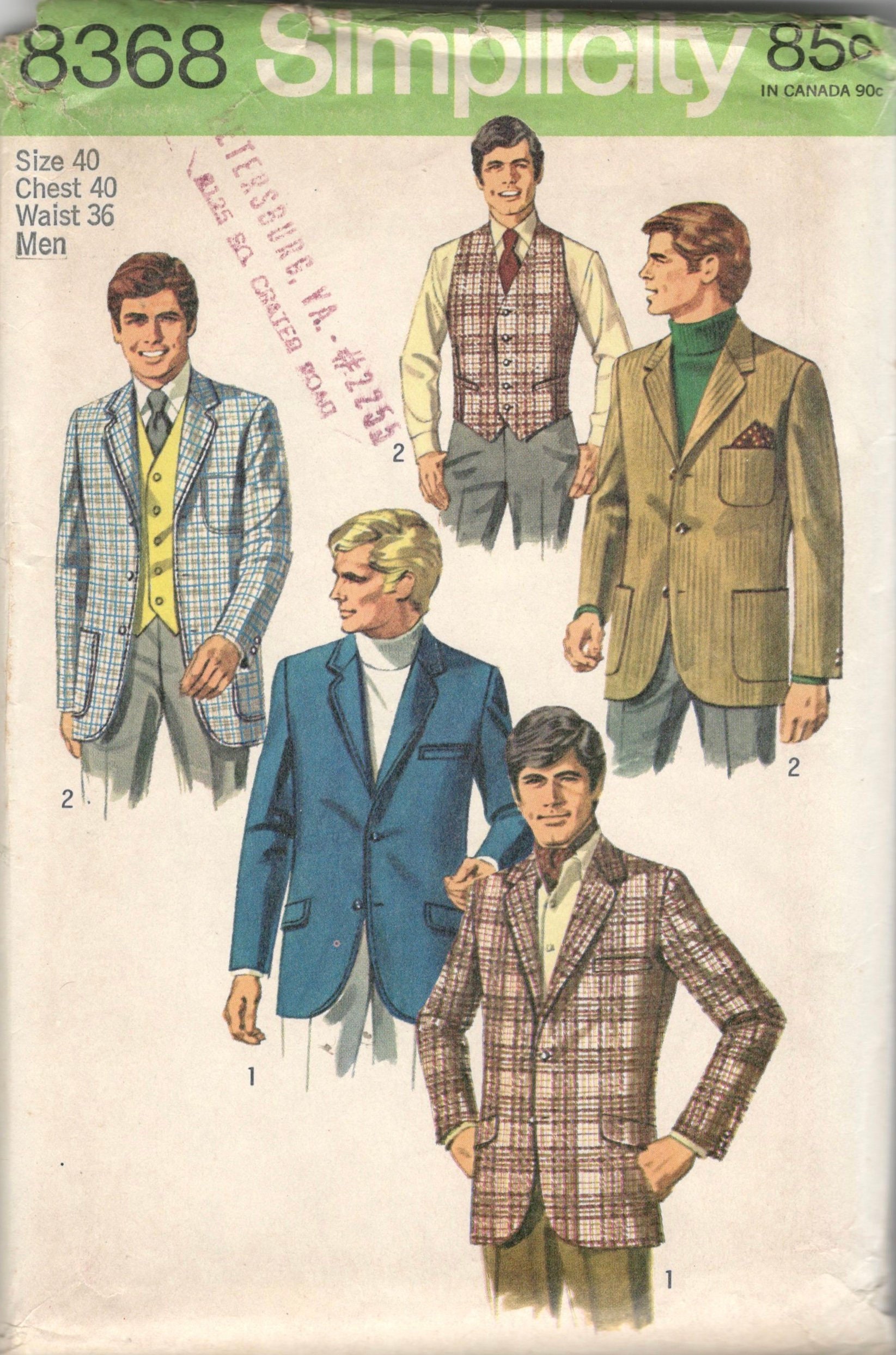 Simplicity 8368 1960s Mens Vest and Shaped Jacket Pattern Simplicity 8368 1960s Mens Vest and Shaped Jacket Pattern