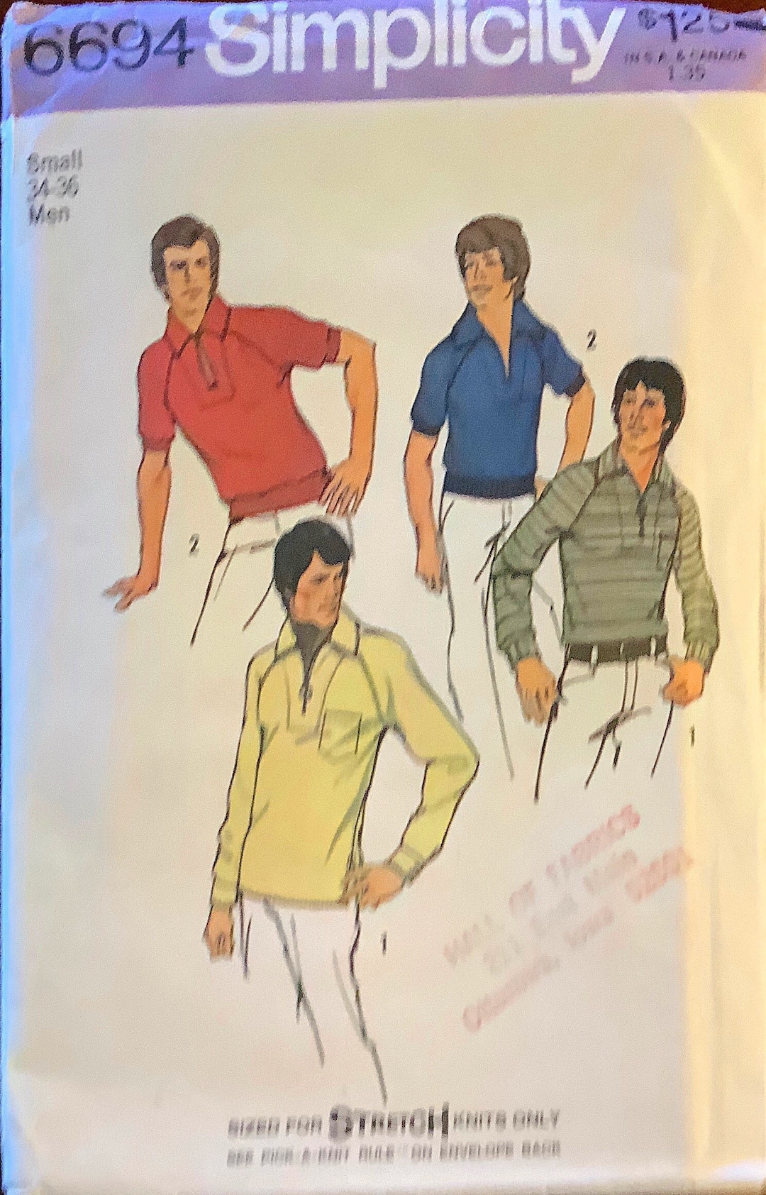 Simplicity 6694 1970s Mens Pullover Shirt Pattern Stretch Knits V