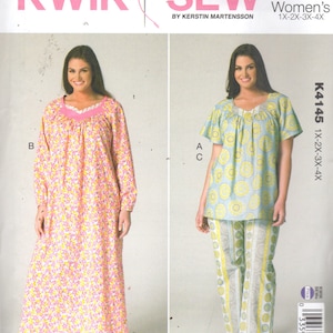 May include: Sewing pattern for a women's sleepwear set. The pattern includes a long nightgown with a floral print and a top and trousers set with a blue and yellow floral print. The pattern is for sizes 1X-2X-3X-4X.