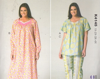 Kwik Sew 4145 Womens Pullover Top NIGHTGOWN and Pants Pattern Shaped Neckline Plus Size Sewing Pattern Size 1X 2X 3X 4X  Bust 45 - 57 UNCUT