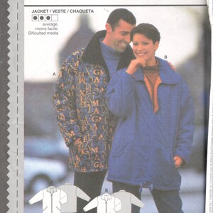 May include: A sewing pattern for a jacket with a blue and yellow patterned design. The pattern is from Burda and the pattern number is 3136. The pattern includes instructions for sewing seams and hems.