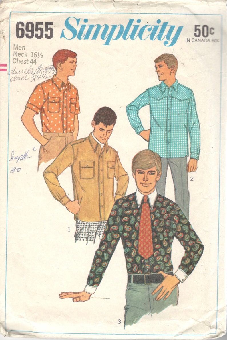 Simplicity 6955 1960s Mens Mod Button Front Shirt Pattern Adult Vintage Sewing Pattern Chest 34 image 1