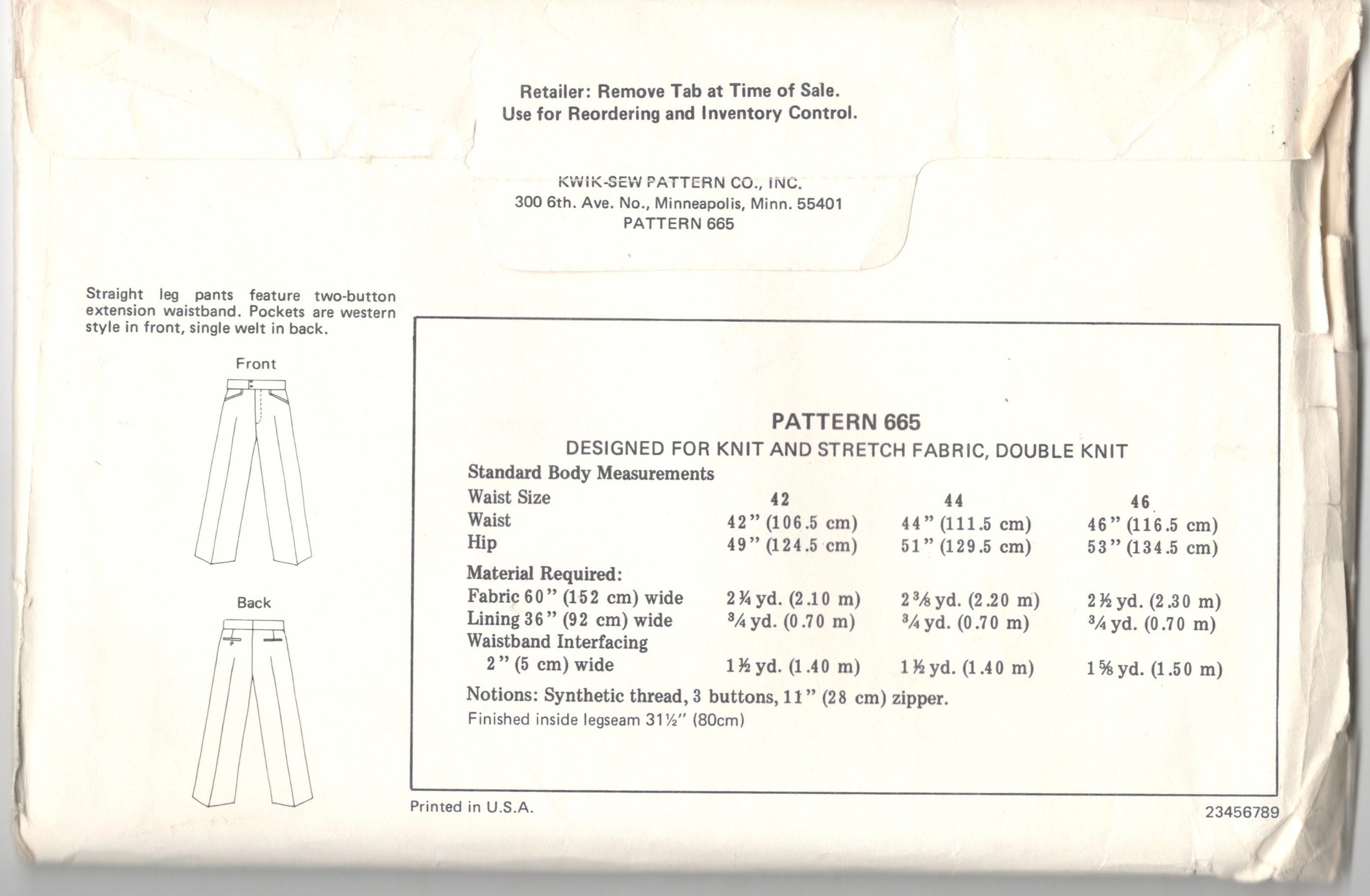 Kwik Sew 665 or 666 Mens Pants for Double Knit Fabric 2 Button ...