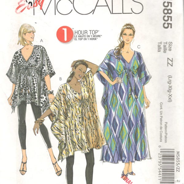 McCalls 5855 1 Hour Tunic Top Pullover Caftan Pattern Easy Womens Sewing Pattern Size Lg XL XXL Or Small Medium UNCUT