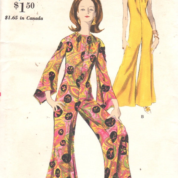 1960s Vogue 7031 Misses Bell Bottom JUMPSUIT Pattern Gathered Neckline Womens Vintage Sewing Pattern Size 14 Bust  34 UNCUT