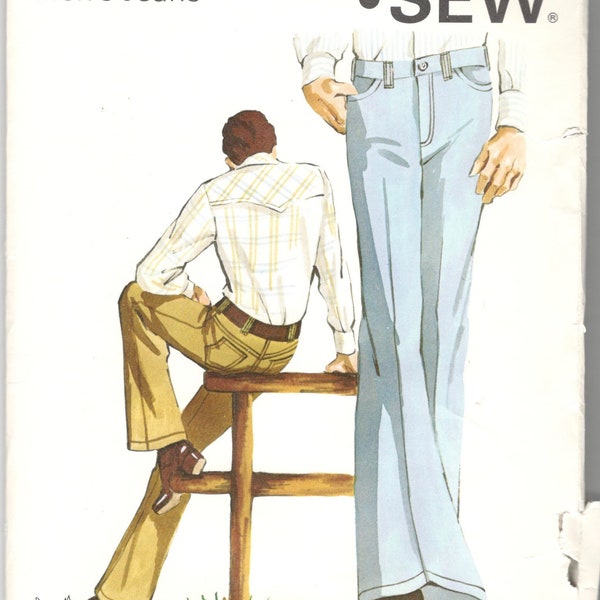 Kwik Sew 411 または 410 1970年代 メンズ フレア ストレートまたはナロー レッグ ジーンズ パターン 大人用 ヴィンテージ ソーイング パターン ウエスト 36 38 40 または 30 32 34 未裁断