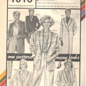 May include: A sewing pattern for a notched and shawl-collar jacket. The pattern includes instructions for sewing machines and overlockers. The pattern is designed for bust sizes 30 to 46 inches. The pattern includes lengthening instructions.