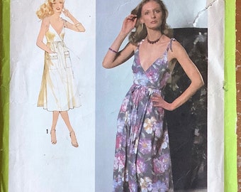 Simplicity 9036 1970s Back Wrap Low V Neck Sun Dress Pattern Shoulder Tie Womens Vintage Sewing Pattern Size 10 Bust 32