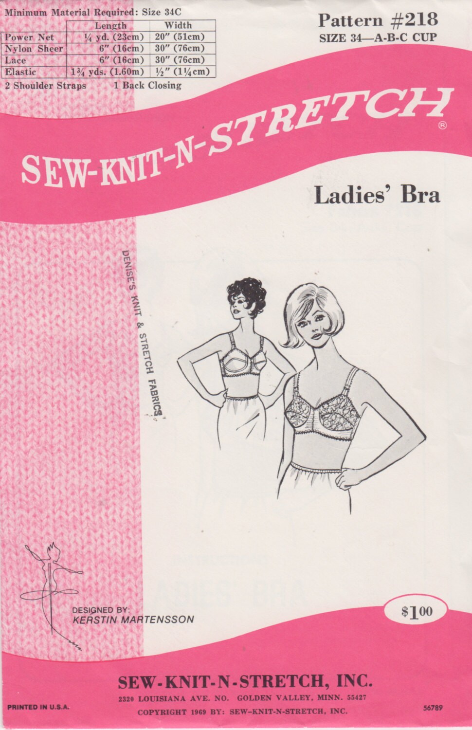 Sew Knit N Stretch 218 1960s Misses Ladies Bullet Bra Pattern Womens Vintage Sewing Pattern Size 34 A B C Cup