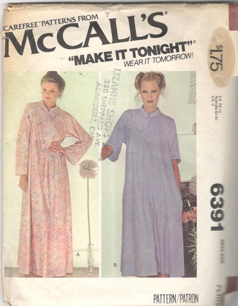 Mccalls 6391 1970s Misses Zip Front Robe Pattern Caftan Easy Etsy