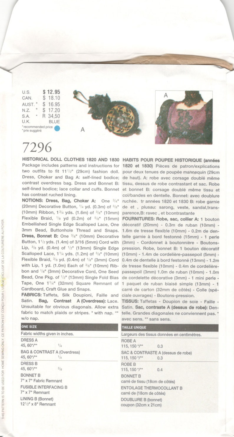Vogue 7296 719 Linda Carr Fashion Doll Clothes Pattern 11 12 Inch Barbie Dress Choker Bag Bonnet Historical 1820 1830 Sewing Pattern UNCUT