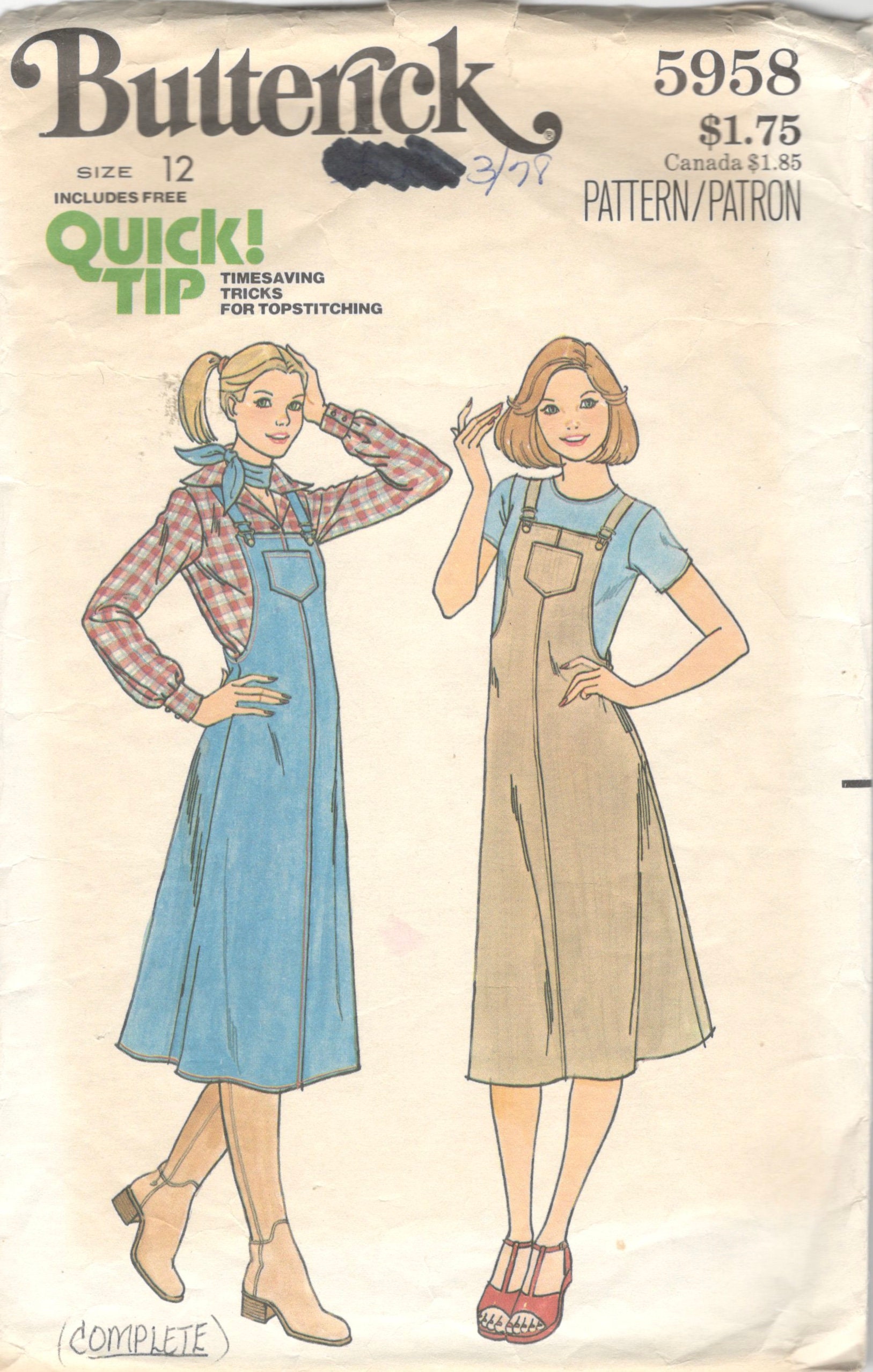 Butterick 5959 or 5958 1970s Misses Bibbed Overalls Style Jumper