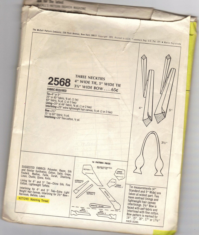 1970s McCalls 2568 Mens Necktie Pattern 4 and 5 Inch Wide and 3 1/2 Bow Tie or 14 17 1/2 Neck Adult vintage Sewing Pattern image 2