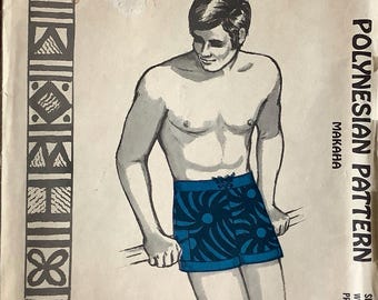 Polynesian Pattern 213 1960s Mens Swim Trunks Swimsuit Pattern Boxer Style Makaha Adult Vintage Sewing Pattern Sz Medium  Waist 32 34  UNCUT