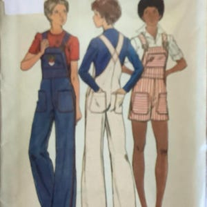 May include: Vintage Butterick sewing pattern featuring three different jumpsuit designs. The cover shows illustrations of the jumpsuits in blue, white, and pink striped fabrics. The pattern includes sizes 6, 8, 10, 12, and 14.