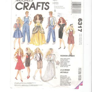 McCalls 6317 Fashion Doll Clothes Pattern Barbie Ken Overalls Jumper Pants Tops Shorts Wedding Casual Evening Vintage Sewing Pattern