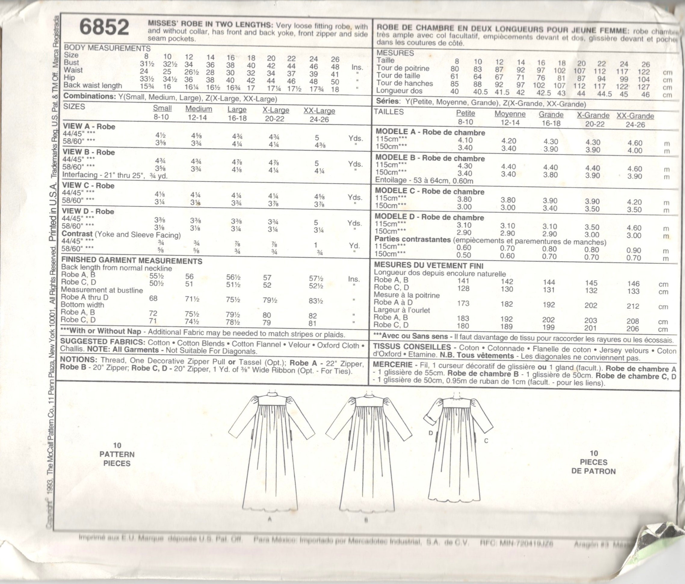 Zipper Front Robe Pattern Mccalls 6852 Misses Easy Zip Front Robe Pattern Loungewear Womens ...