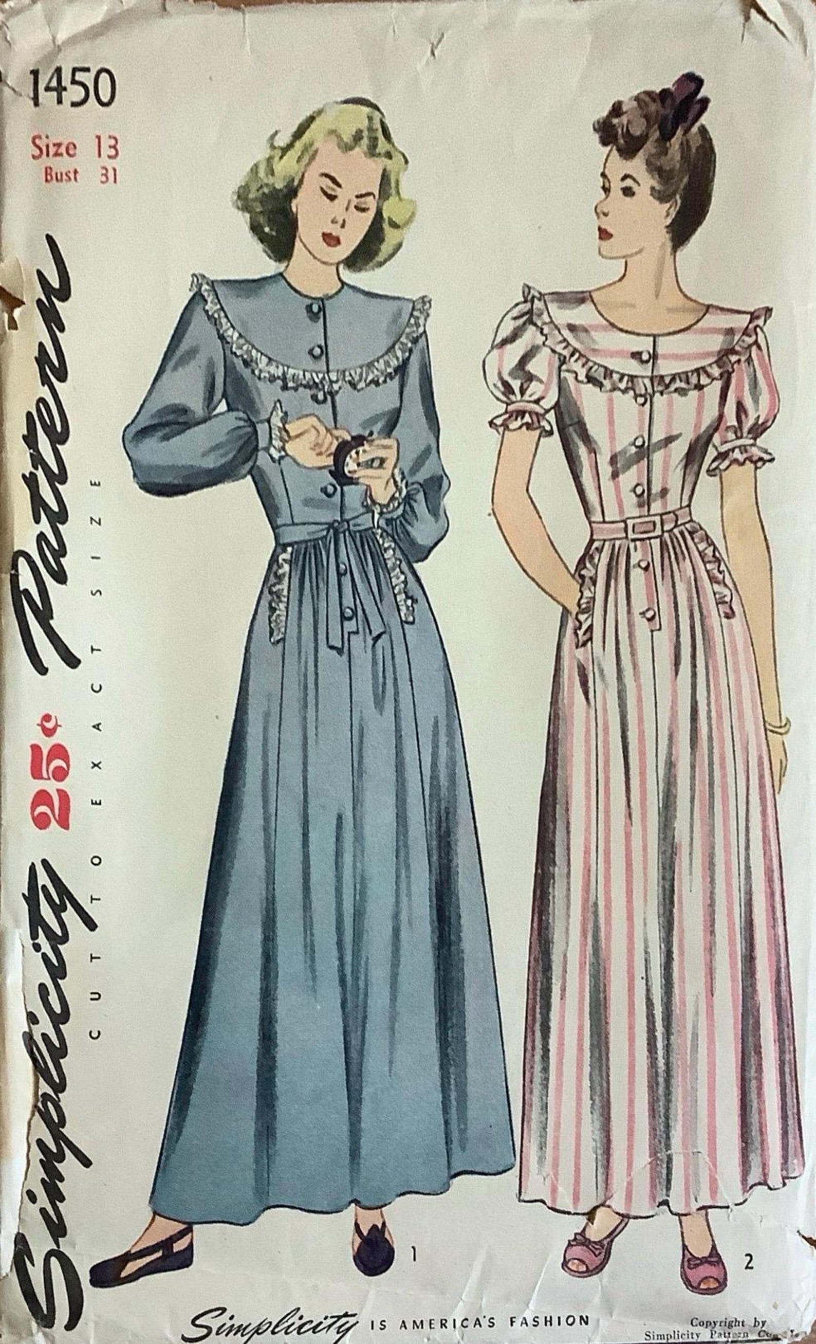 Simplicity 1450 1940s Jr Misses Housecoat Pattern Fitted Bodice ...