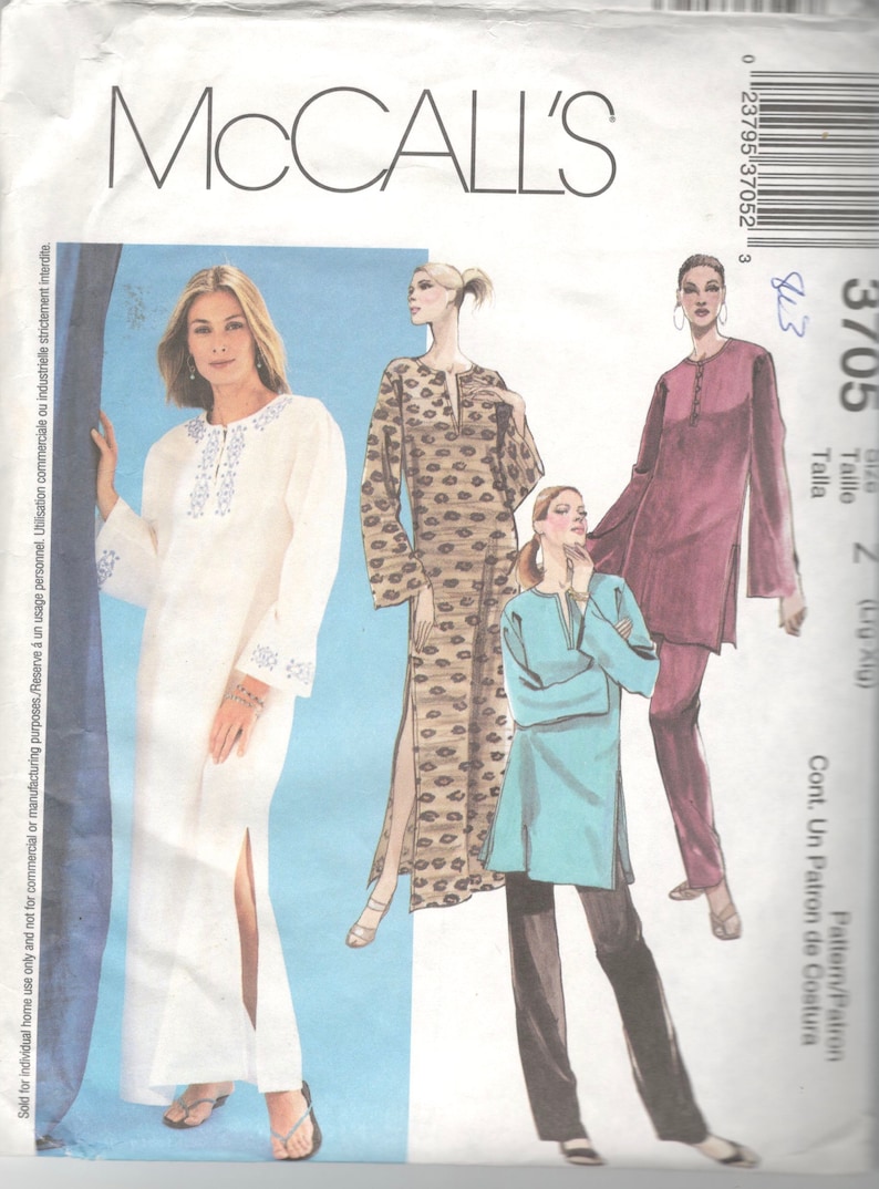 McCalls 3705 Misses Pullover CAFTAN Tunic Top and Pull On Pants Pattern Womens Vintage Sewing Pattern Size Lg XL Bust 38-44 Or S M UNCUT