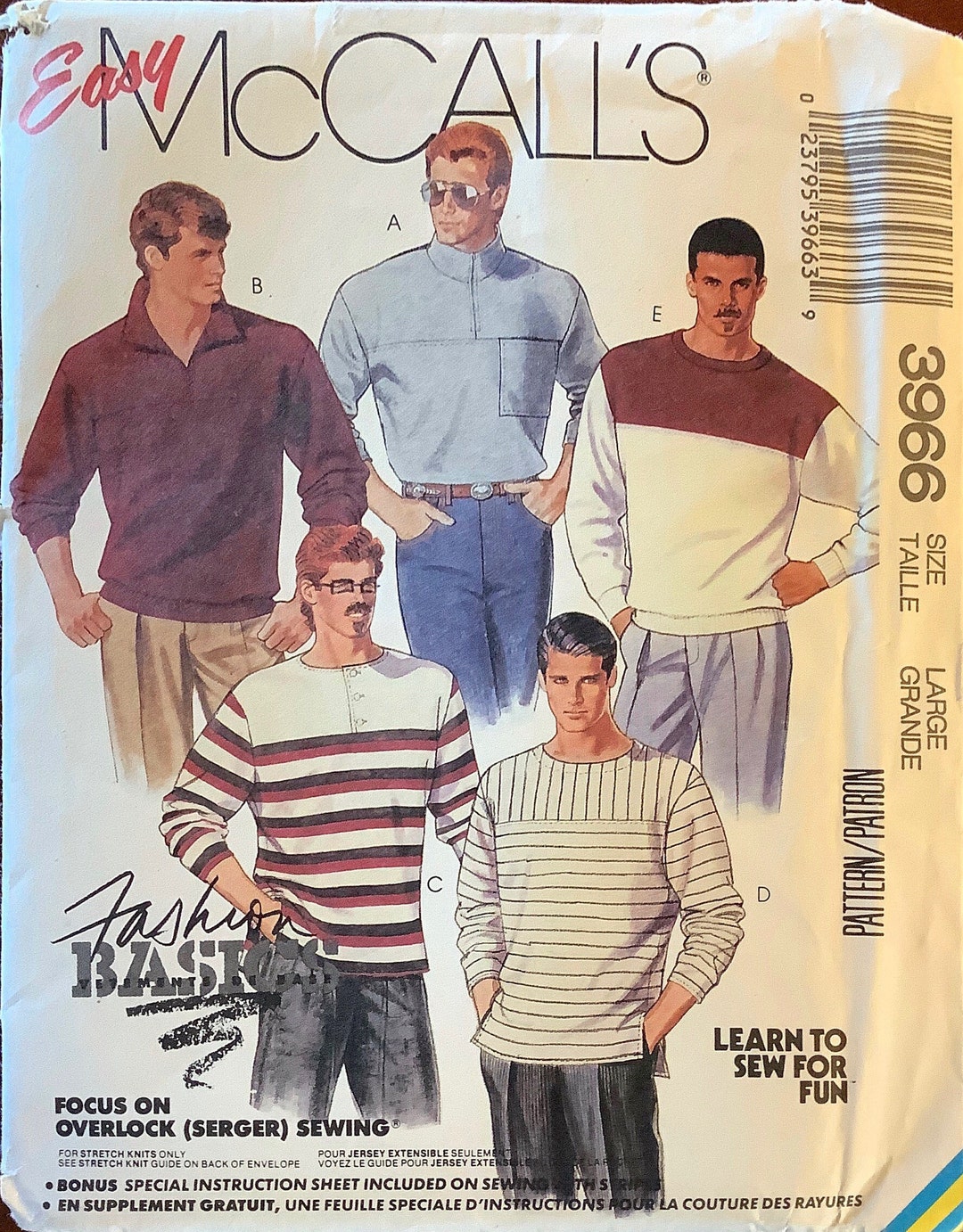 Mccalls 3966 1980s Mens Pullover Shirt Pattern for Knits Zip Front or