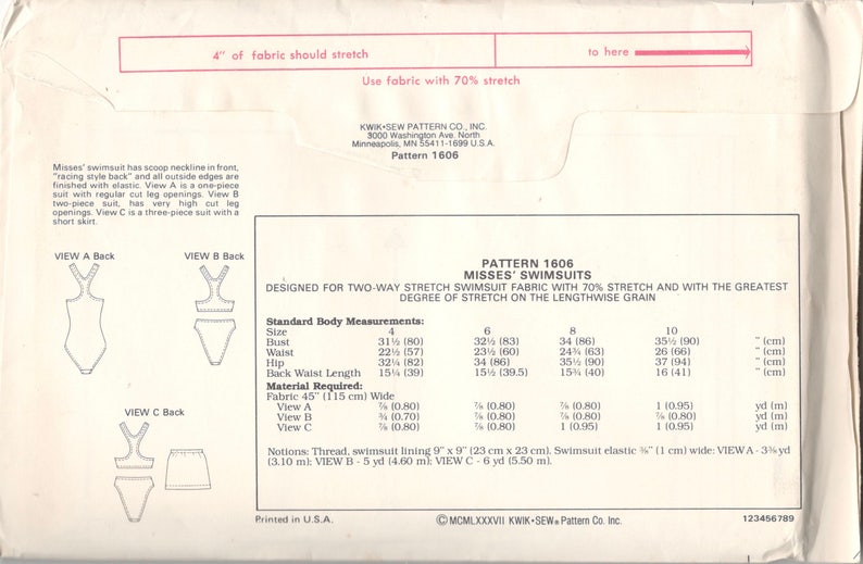 Kwik Sew 1606 1980s Misses Skirt 1 Piece & Bikini Swimsuit Pattern Racing Back Womens Vintage Sewing Pattern Size 4 6 8 10 B 31 35 UNCUT image 2