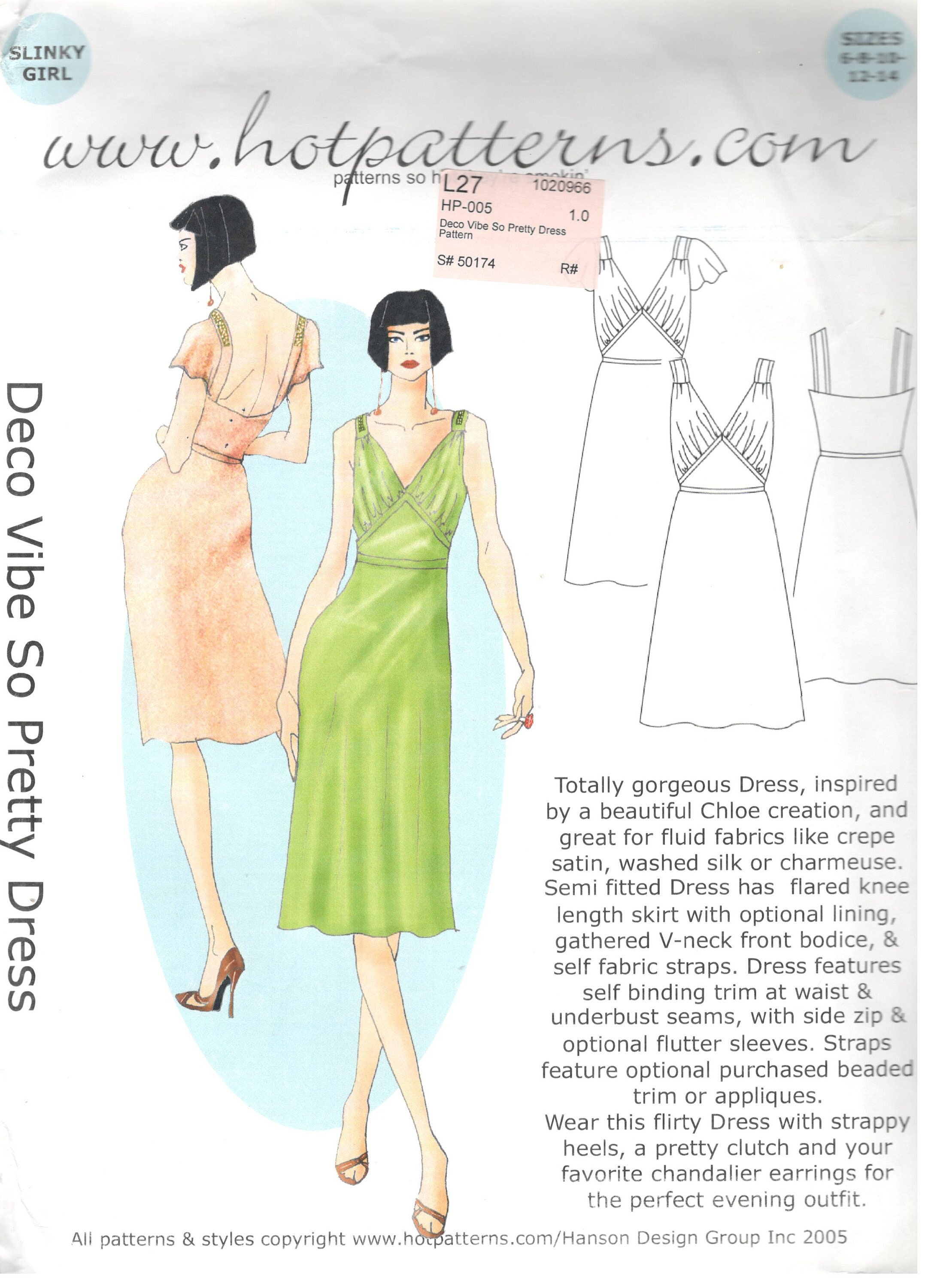 Hotpatterns 005 Slinky Girl Womens Deco Vibe so Pretty V Neck Evening Dress  Pattern Womens Sewing Pattern Size 6 8 10 12 14 UNCUT 