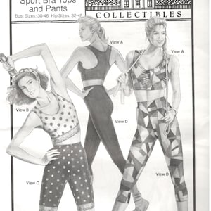 Könnte beinhalten: Ein Schnittmuster für ein Sport-BH-Oberteil und eine Hose. Das Schnittmuster enthält drei verschiedene Ansichten: ein schwarzes Sport-BH-Oberteil mit schwarzer Hose, ein gepunktetes Sport-BH-Oberteil mit gepunkteter Hose und ein Sport-BH-Oberteil mit geometrischem Muster mit Hose mit geometrischem Muster. Das Schnittmuster stammt von Ann Pers Collectibles und heißt "Stretch & Sew".