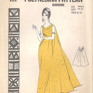 May include: A vintage sewing pattern labelled "Polynesian Pattern Kanani". The illustration shows a woman in a yellow dress with a cape. The pattern includes a small back view of the dress and a decorative border on the left side.