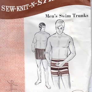 May include: Sew-Knit-N-Stretch pattern #165 for men's swim trunks. The pattern includes instructions for sizes 30, 32, and 34. The pattern is illustrated with two men wearing the swim trunks.