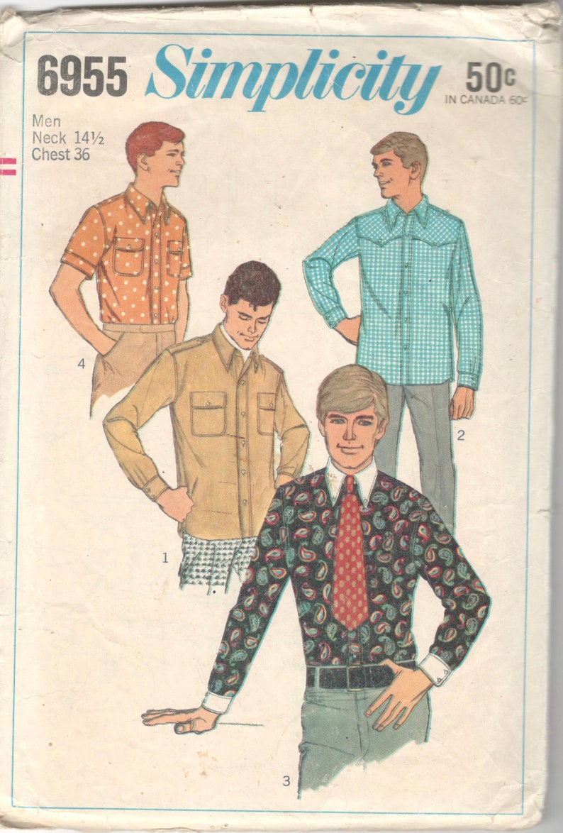 Simplicity 6955 1960s Mens Mod Button Front Shirt Pattern Adult Vintage Sewing Pattern Chest 34 image 3