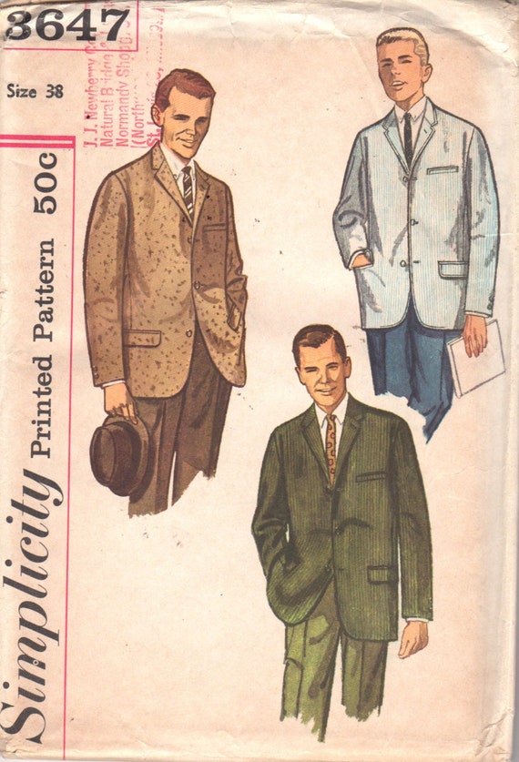 Simplicity 3647 1960s Mens Single Ted Jacket Pattern Mad Simplicity 3647 1960s Mens Single, Mens Vintage Peacoat Pattern