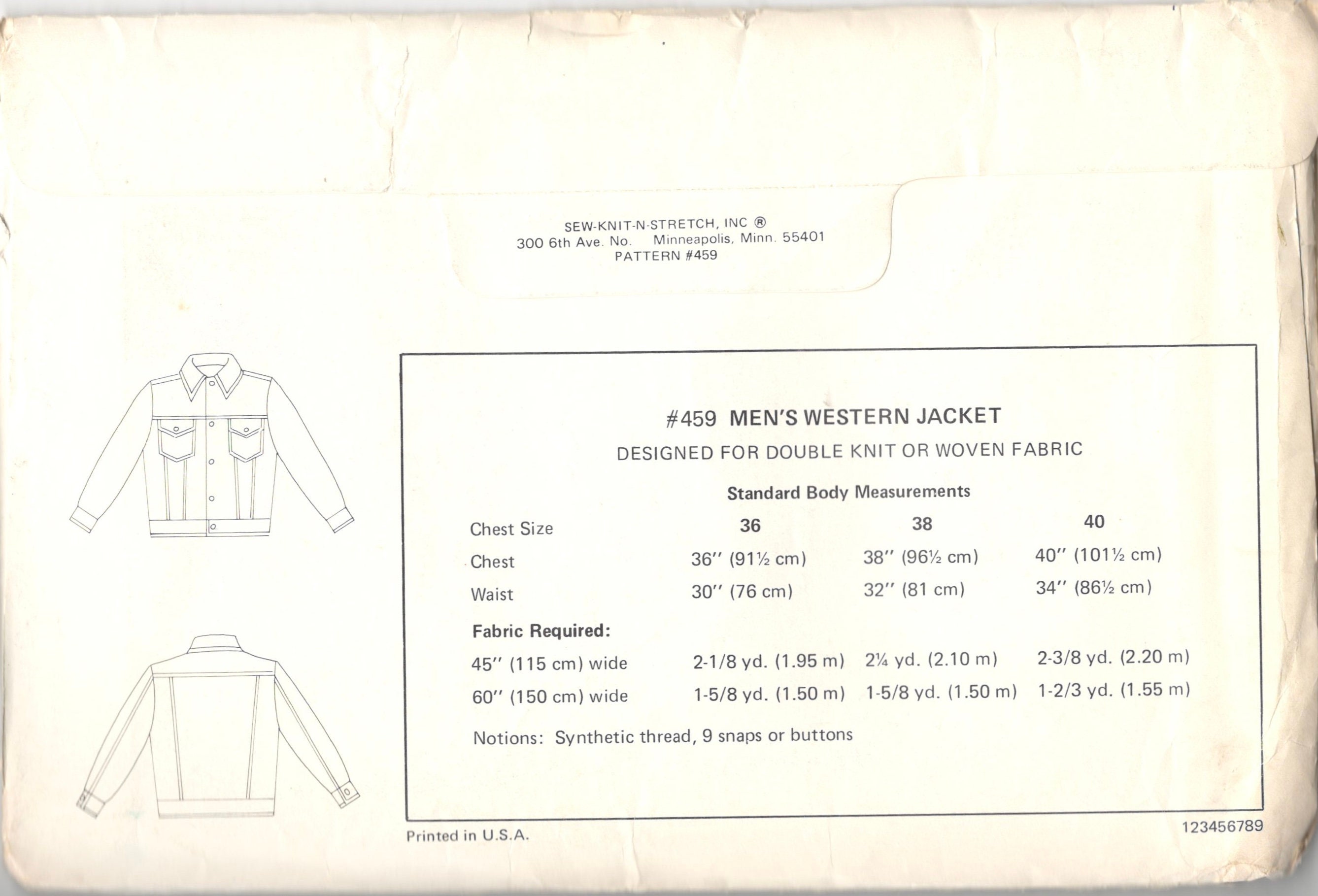 Western Jean Jacket Pattern Snap or Button Front Pattern Kwik Sew 459 ...