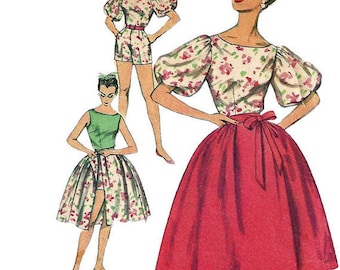 Simplicity 3004 1950s Full  Wrap Around Skirt Blouse and Shorts Pattern Balloon Sleeves Womens Vintage Sewing Pattern Size 10 Bust 31
