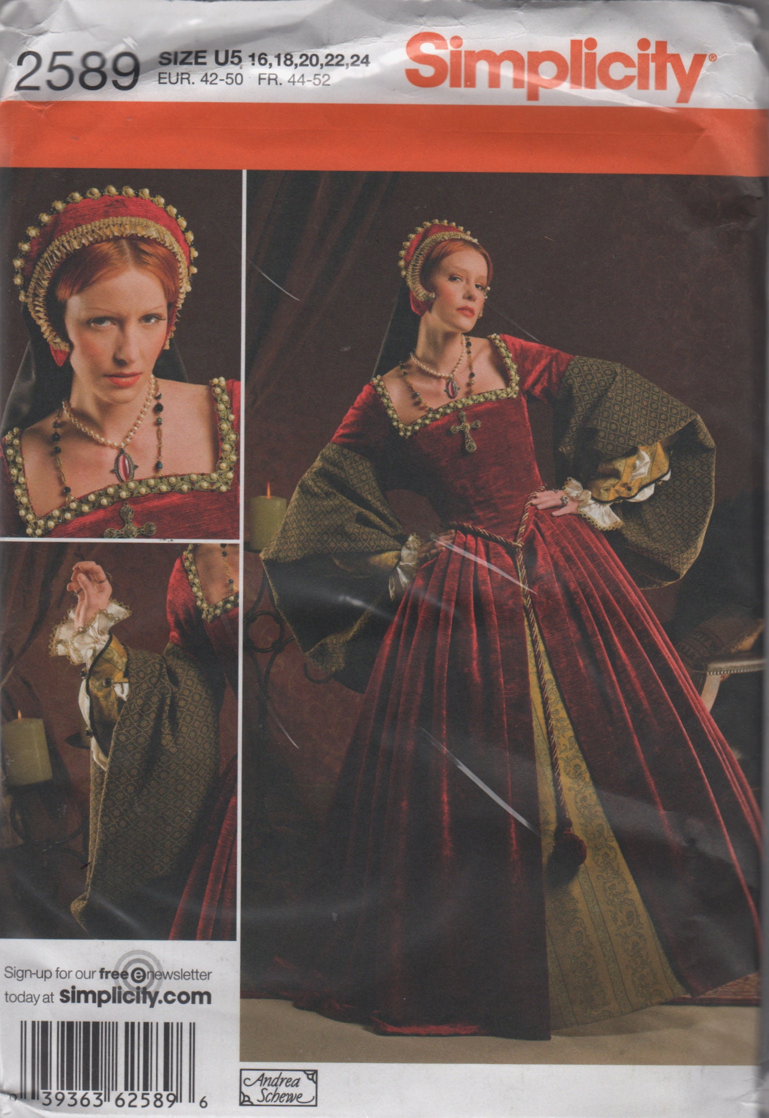 Designer Simplicity 2589 Renaissance Tudor Gown Renfaire Costume Pattern  French Hood Anne Boleyn Womens Sewing Size 8 10 12 14 16 UNCUT
