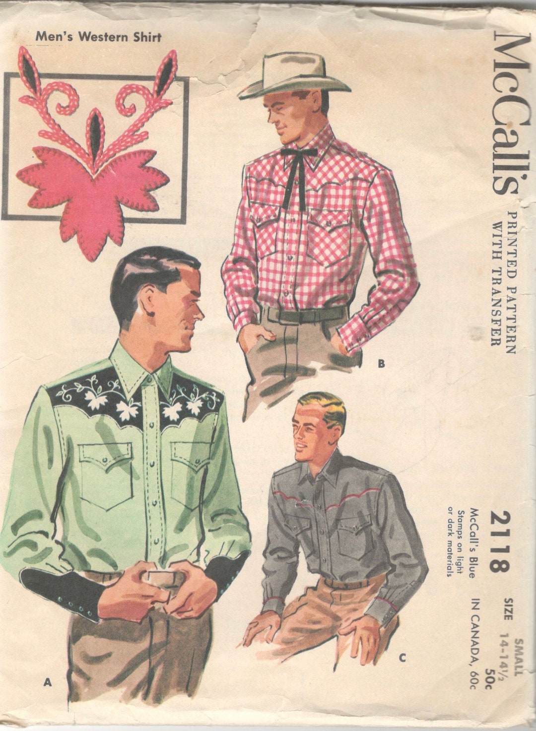 Mccalls 2118 1950s Mens WESTERN Shirt and Transfer Pattern Contrast ...