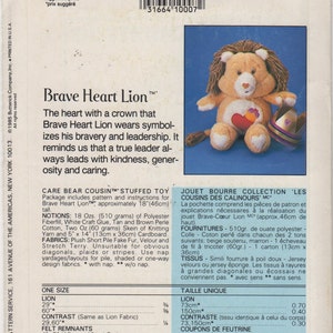 Butterick 3374 1980s BRAVE HEART LION Care Bear Cousin Pattern Vintage Stuffed Toy Sewing Pattern 18 Inch UNCuT image 2