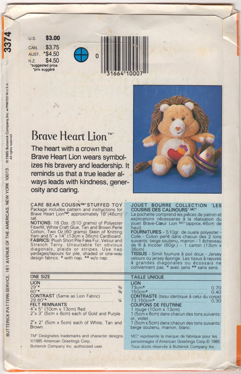 Butterick 3374 1980s BRAVE HEART LION Care Bear Cousin Pattern Vintage Stuffed Toy Sewing Pattern 18 Inch UNCuT image 2