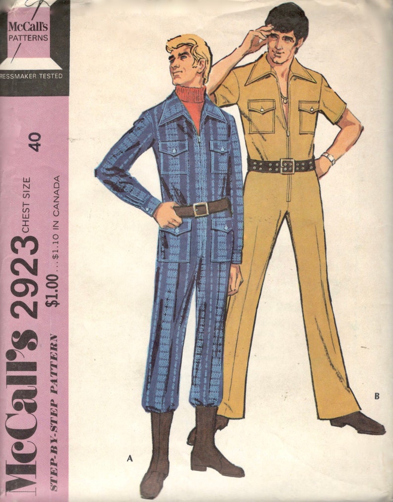 McCalls 2923 1970s Mens Zip Front Jumpsuit Pattern Safari | Etsy