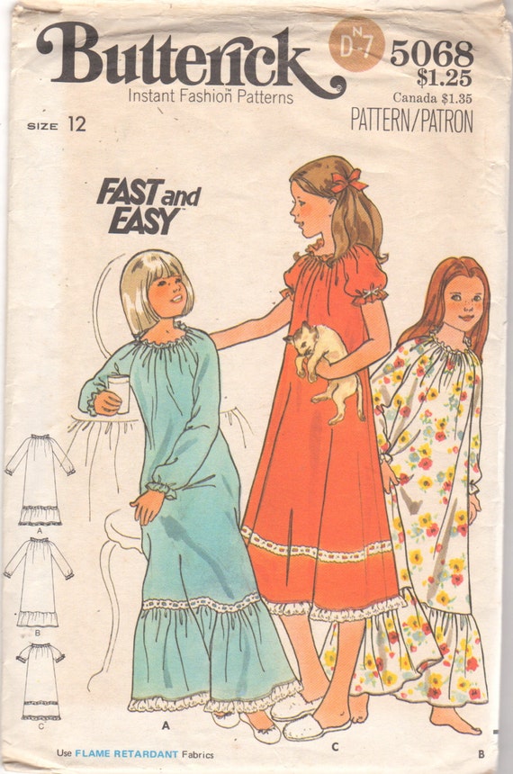 Butterick 5068 1970s Girls Fast and Easy Nightgown Pattern - Etsy