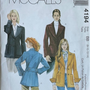 May include: A McCall's 4194 sewing pattern envelope featuring illustrations of four blazer variations. The designs include a black blazer, a dark red blazer, a blue blazer with back button details, and a yellow blazer, all with front pockets.