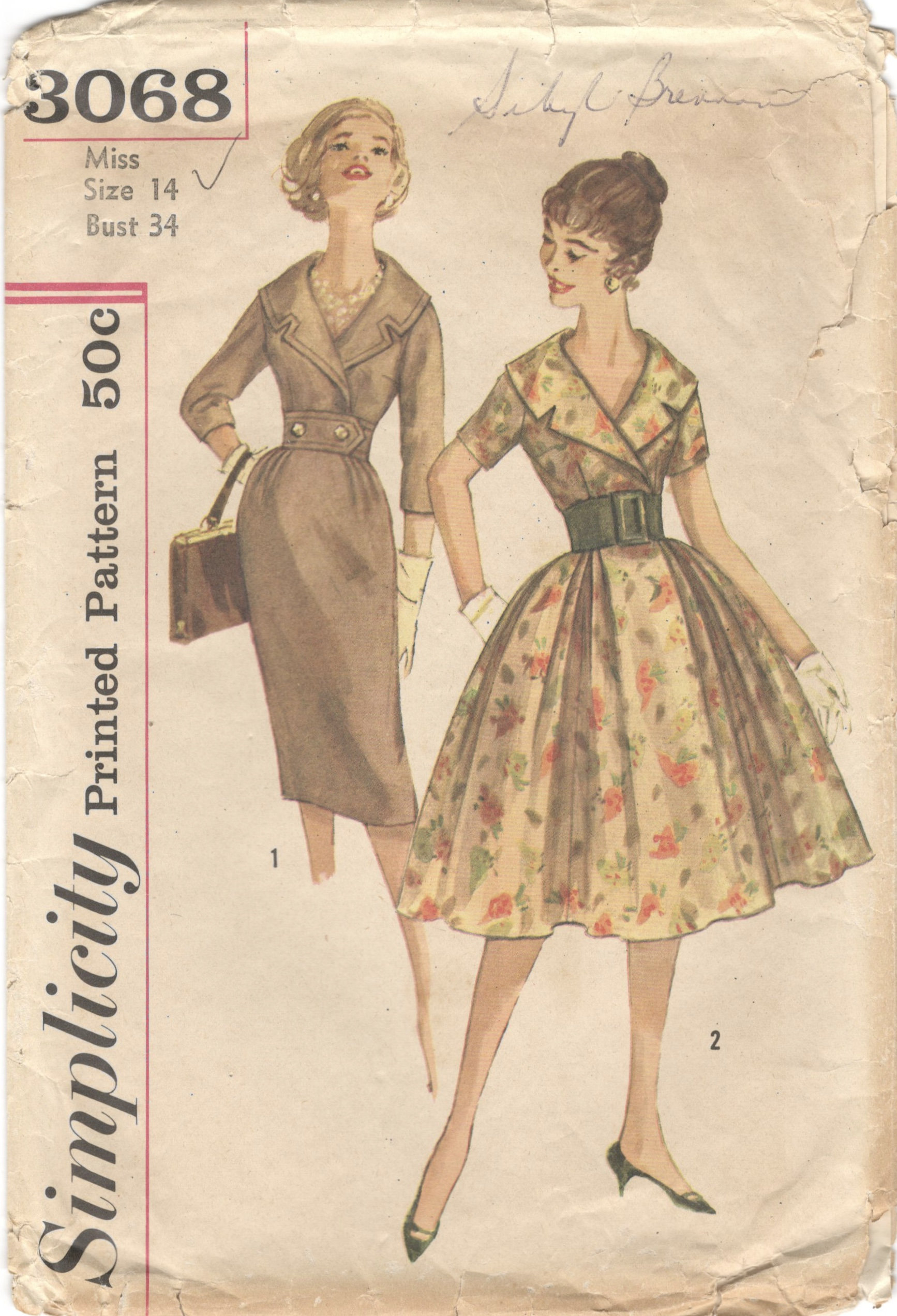 1950s ROCKABILLY Shirtwaist Dress Pattern SIMPLICITY 1282 Two Versions Bust  34 Vintage Sewing Pattern