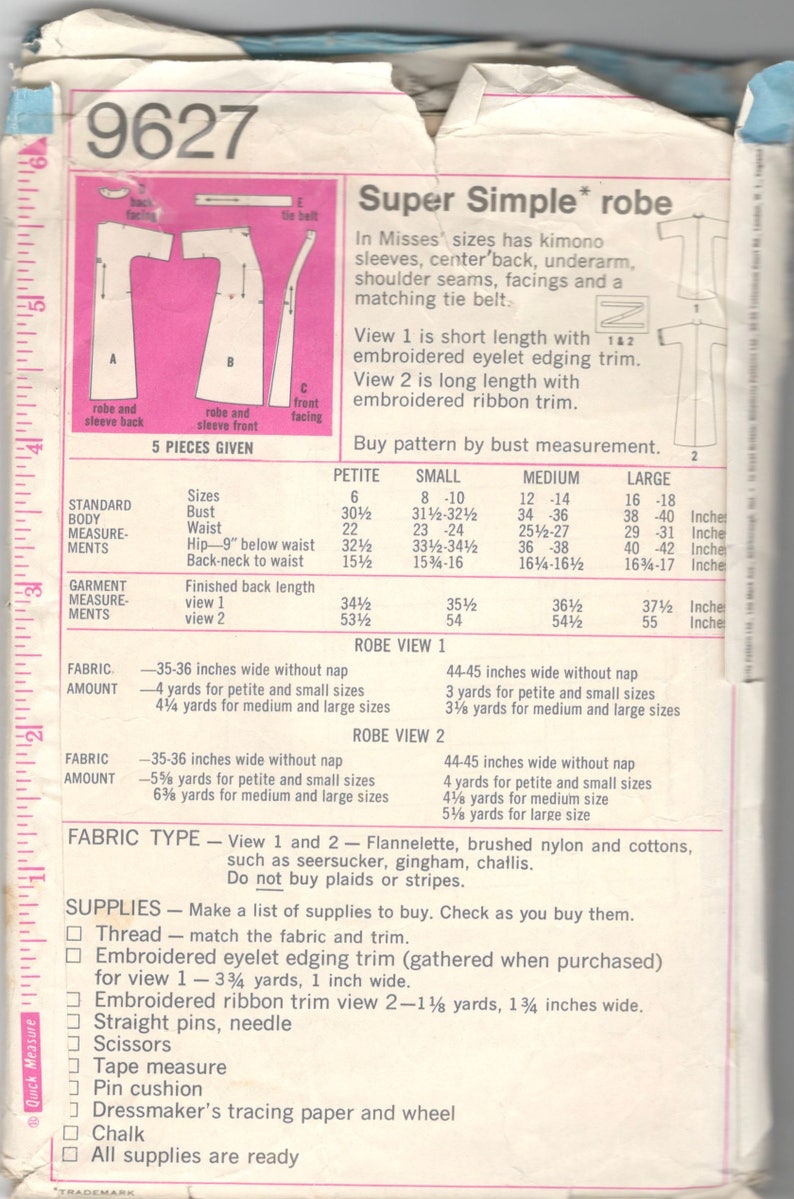 Simplicity 9627 1970s Misses Kimono Sleeve Robe Pattern Wrap and Tie ...